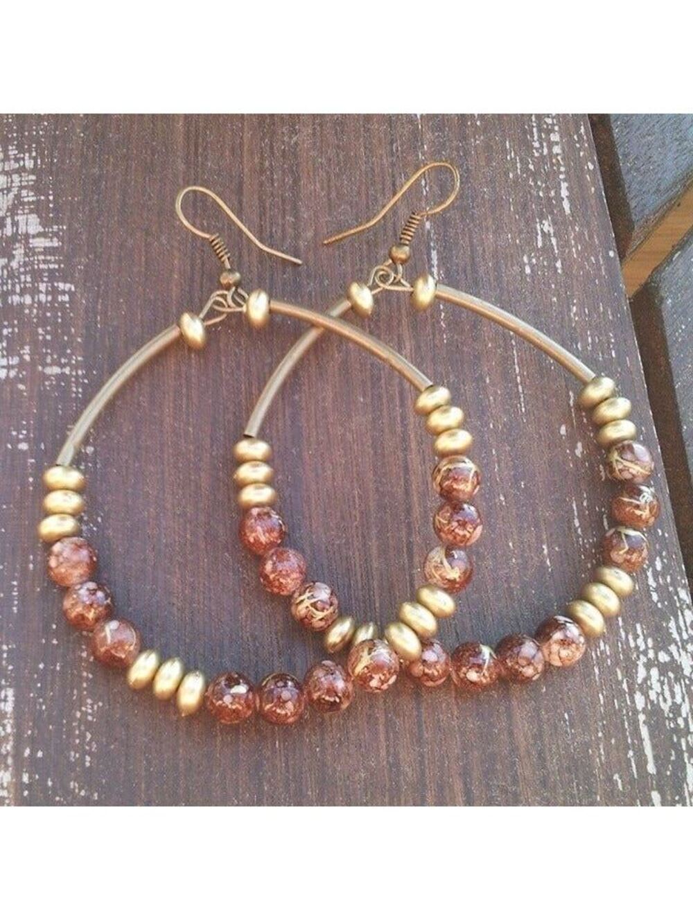 Vintage Retro Beads Big Hoop Earrings Bronze Blue Brown